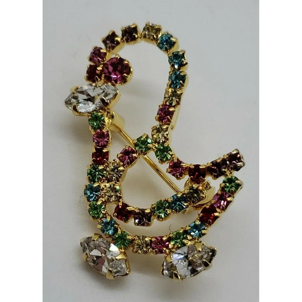 Vintage colorful rhinestone spring springtime chick duck bird brooch pin